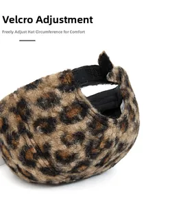 Detail of leopard print plush baseball cap with adjustable Velcro strap for a custom fit