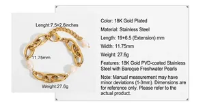Détail du bracelet en acier inoxydable doré 18K avec perles baroques et chaîne épaisse