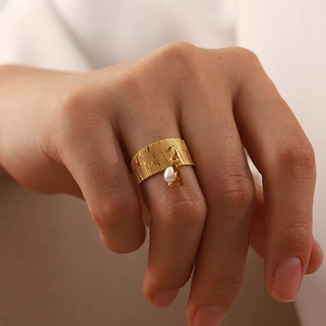 18K gold plated stainless steel wide ring with brushed texture and pearl charm