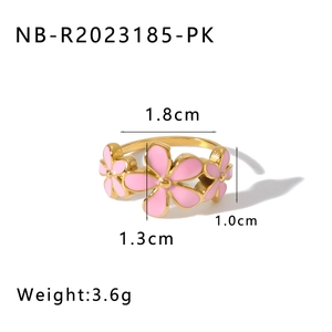 Detail view of pink enamel flower ring with size specifications and 3.6g weight