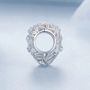 S925 sterling silver hollow heart charm with leaf patterns and sparkling zircon stones