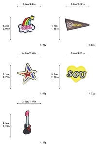 Detailed size specifications for assorted DIY embroidery patches including rainbow and guitar