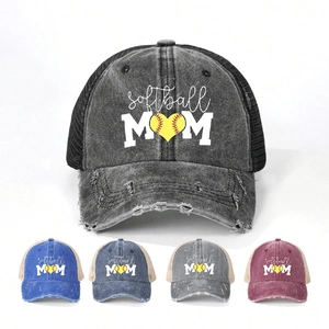 Women Distressed Baseball Cap Washed Cotton Mesh Trucker Hat Softball Mom Heart Print Adjustable Retro