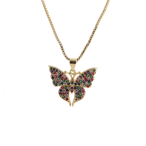 Elegant gold butterfly pendant necklace with colorful zircons on a thin box chain