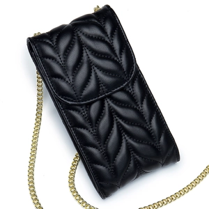 Women Split Leather Mobile Phone Crossbody Bag Quilted Rhombus Pattern Elegant Vertical Gold Chain Strap Wallet Card Slots