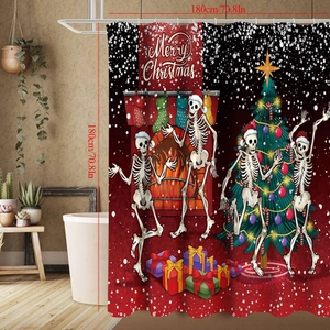 Waterproof polyester Christmas shower curtain showing skeletons dancing near a fireplace