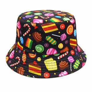 Bucket Hat Colorful Cartoon Candy Print Polyester Sun Protection Outdoor Travel Retro Style For Women Students