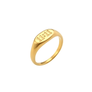 Minimalist 18K gold plated stainless steel oval signet ring featuring 11:11 engraving