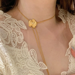 Collier Pendentif Fleur Élégant Cuivre Plaqué Or 18K Avec Zircon Goutte Eau Chaîne Lariat Réglable Pour Femmes