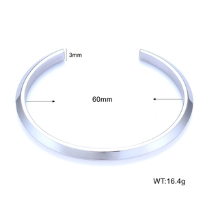 Detail view of 3mm C-shaped stainless steel bracelet with a brushed finish and dimensions