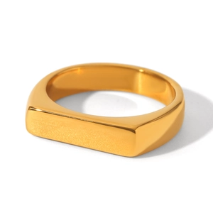 Detailed view of 18K gold plated square signet ring with polished and brushed metal finish
