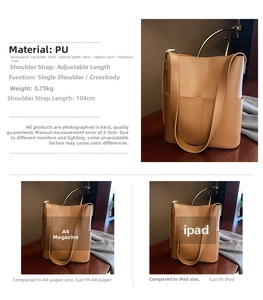 Maßangaben der großen braunen PU-Beuteltasche mit Kapazität für A4 und iPad