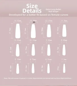 Size chart for 24pcs extra long ballerina press-on nails with 12 specific dimensions