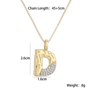 Detailed view of Letter D pendant necklace showing size measurements 45+5cm and 2.6x1.6cm