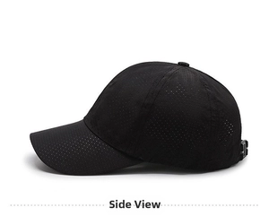 Detail view of the breathable black mesh fabric and side strap on sports baseball cap