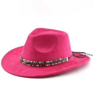 Bohemian rose red wide brim fedora hat with ethnic woven band and evil eye charm