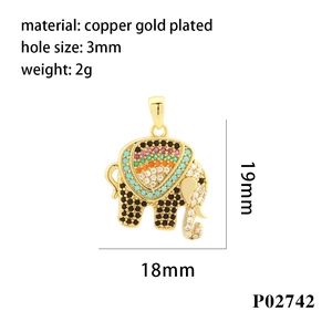 Detailed specs of a 18K gold plated copper elephant pendant with colored cubic zirconia