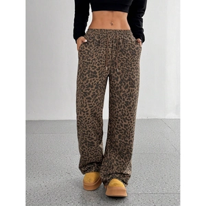 Women's classic leopard print wide-leg pants with adjustable drawstring waist in brown