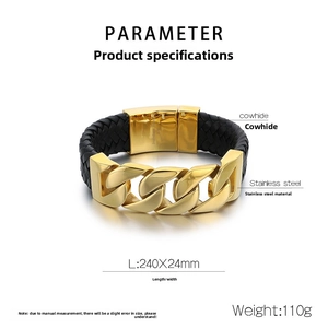 Detailed size chart of men's black leather and gold stainless steel cuban chain bracelet
