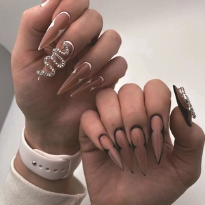Extra Long Stiletto Press On Nails Silver Snake Rhinestone 3D French Design Nude Pink Luxury False Nails