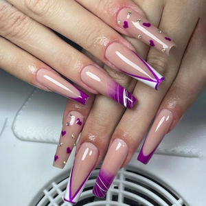 Purple French Tip Press On Nails Long Coffin Shape Artificial Nails With Heart Rhinestones Sweet Style For Women