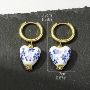 Detailed size view of blue floral heart ceramic earrings with gold hoop measurements