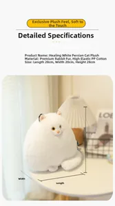 Close-up of premium white Persian cat plush toy showing soft faux fur and size dimensions
