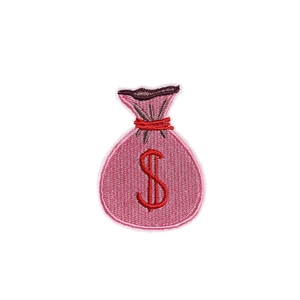 Pink money bag embroidered patch with red dollar sign and drawstring for DIY apparel