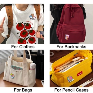 Set of cute cartoon capybara enamel pins shown on a backpack and white t-shirt