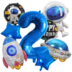 Detailed set of space themed astronaut balloons and rocket foil decorations for 2nd birthday