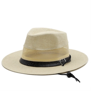 Beige straw fedora with breathable mesh crown, black faux-crocodile band and wind strap