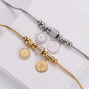 18k gold and silver plated coin bracelets with Elizabeth II pendant and crystals