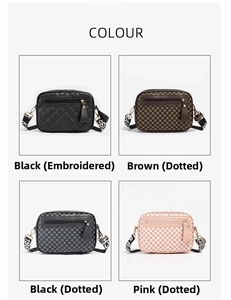 Quilted and polka dot camera bags in black, brown, and pink with stylish wide straps