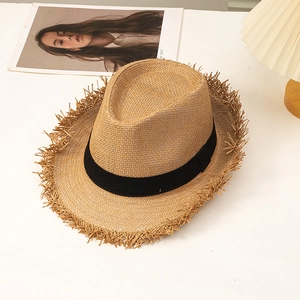 Straw Fedora Hut Gewebt Fransenrand Schwarzes Band Sommer Strand Sonnenschutz Panama Stil Für Herren Damen