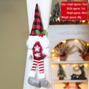 Detail of Santa gnome curtain tieback featuring red and black buffalo plaid fabric and faux fur
