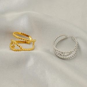 Stainless Steel Open Adjustable Ring 18K Gold Plated Beaded Multi Layer Hollow Geometric Round Ring For Women