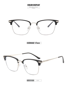 Detail view of semi-rimless business glasses with matte black and silver metal frames