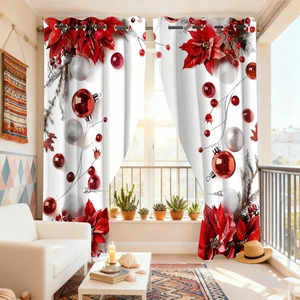 Détail de rideaux occultants de Noël avec motifs de poinsettias rouges et boules argentées