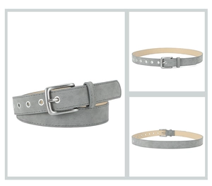 Detail view of grey frosted PU leather belt with silver square buckle and metal eyelets