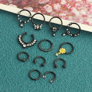 12-piece set of black stainless steel nose rings and ear piercings with zircon accents