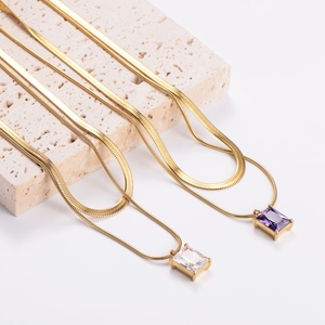 Double layered 18K gold plated snake chain necklaces with white and purple zircon pendants