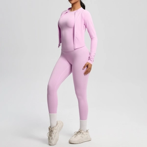 Detailed side view of pink three-piece yoga set including jacket and high waist leggings