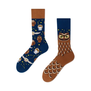 Creative owl patterned crew socks with unique asymmetrical navy blue and brown design