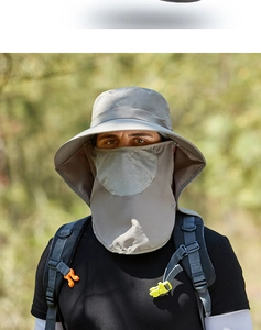 Detail of grey sun hat with breathable mesh face mask and long neck protection flap