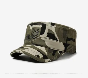 Side view of camouflage military flat top cap with embroidered U.S. army patches