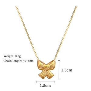 Detailed dimensions of bow knot heart pendant necklace showing weight and chain length