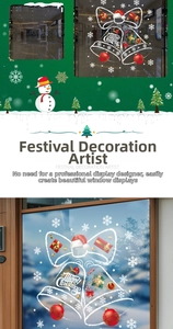 Detailed view of Christmas window stickers with bells, snowflakes and gift box motifs