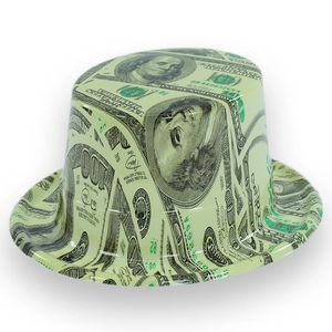 Classic plastic top hat featuring all-over 100 US dollar bill print with glossy finish