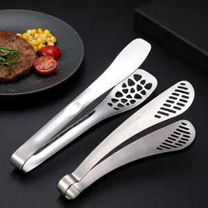 SUS 304 stainless steel food tongs set with flat spatula and slotted tong for frying steaks