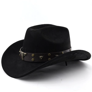 Close-up of a black suede cowboy hat featuring bronze rivets and a metal bull head emblem